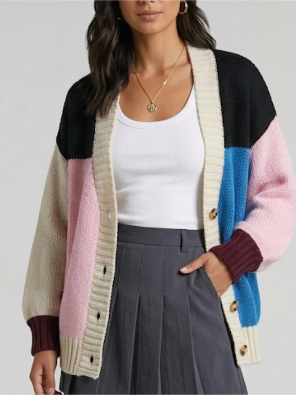 Forever 21 Colorblock Button-Up Cardigan in Pink, Blue, Cream, Black